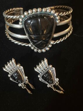 Vintage 1950s Sterling Silver Black Onyx Cuff Bracelet & Earrings Taxco, Mexico